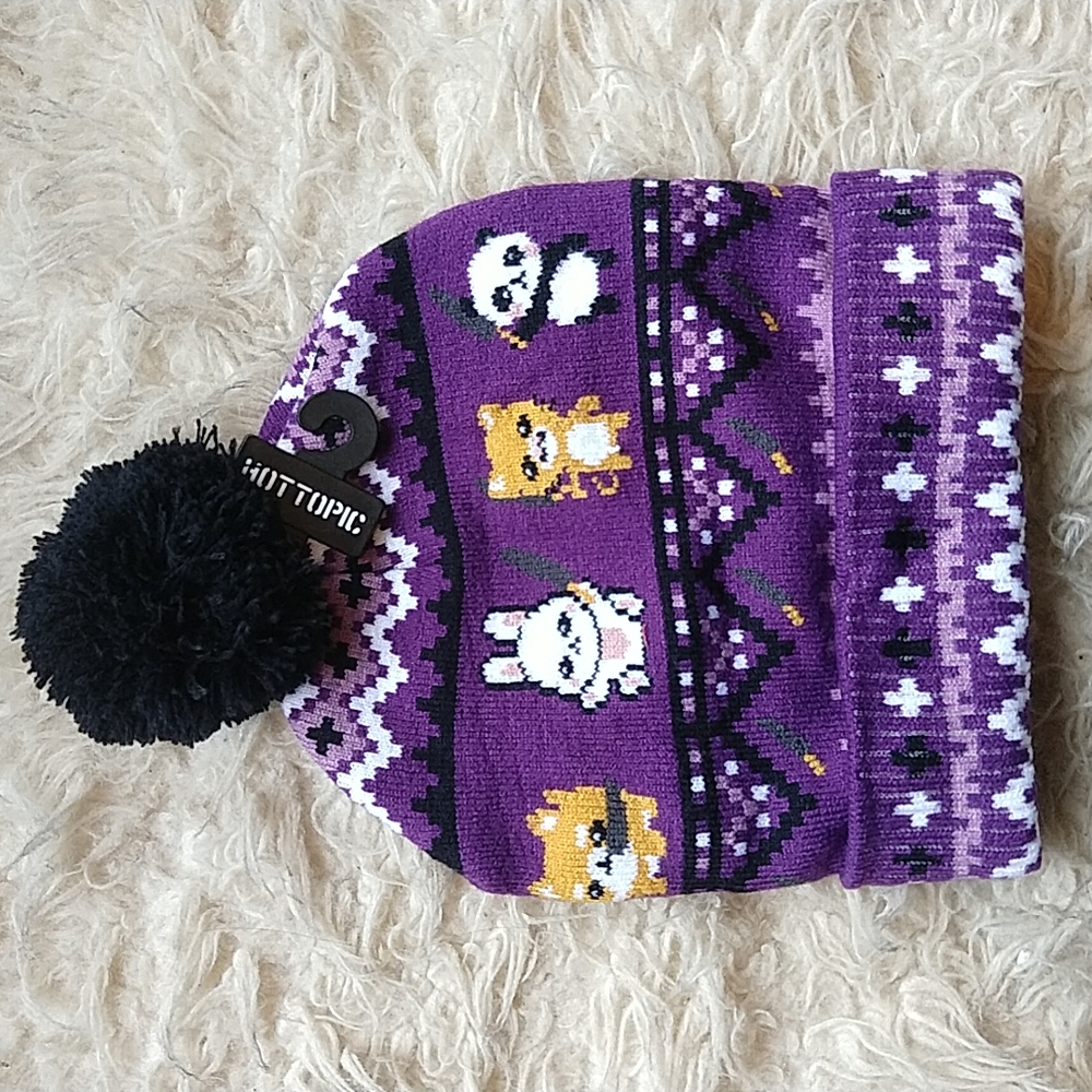 Hot Topic Animals with Knives Purple Pom Winter Hat NWT